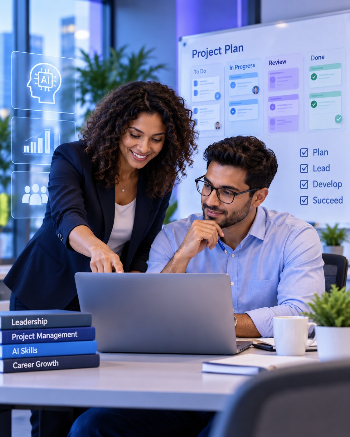 AI-assisted leadership mentor coaching a learner with project planning tools and leadership skills
