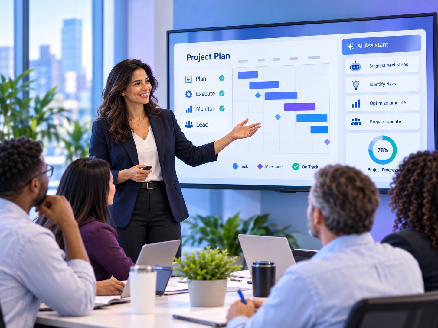 AI-assisted project management instructor presenting a project plan, Gantt schedule, risks, and progress to professionals